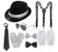 Orizizhic Pop Star Costume for Mens 8Pcs Dance Star Costume 70s 80s Pop Stage Cosplay Accessories Black Fedora Hat Sunglass Glove Shoulder Straps Bow Tie Neck Tie Socks for Cosplay Party Halloween
