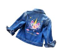 OrJana Girls Denim Blue Unicorn Jeans Jacket with Flowers and Stars Design Magic Rainbow Embroidery, Style 1, 7-8 anni