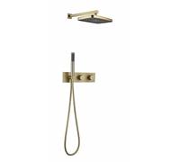 ORKDFJ Brushed Gold Bathroom Shower Faucet Set - Mixer with Diverter, Rain Head & Hand-Held Spray, Wall-Mounted Black Brass System(G)