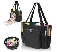 ORKELS Corduroy Crochet Tote & Yarn Bag - Portable Organizer for Yarn, Hooks & Accessories - Ideal Gift for Crocheters & Mother's Day (Black-15''x6.3''x12.6'')