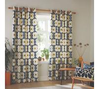 Orla Kiely - 1 Pair Abacus Flower Lined Eyelet Curtains 100% Cotton - Navy (66" x 72" (168cm x 183cm))