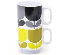 Orla Kiely Set of 2 Stacking Mugs Ceramic Block Flower- Slate/Ochre Gift Boxed