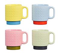 Orla Kiely Set of 4 Ceramic Stacking Mugs - Pressed Flower Assorted Colours (Yellow, Blue, Pink, Green)