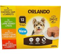 Orlando Dog Food Pate Selection 12 Trays 1800g, Grain Free Wet Dog Food Variety Pack with Chicken Ham & Carrots, Lamb Kidney & Peas, Turkey Game & Vegetables, Complete Adult Dog Meals