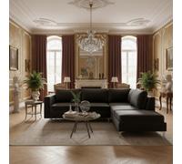 Orlando Velvet Living Room Corner Sofa Metal Legs Freestanding Upholstered Back 2355Cm 212Cm 85Cm Black Right