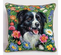 ORLUMY Border Collie Animal Latch Hook Kits Dog and Flowers DIY Latch Hook Kits Yarn Kits Pillow Rug Pattern Arts and Crafts Crochet Needlework 43x43cm