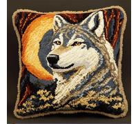 ORLUMY Cross Stitch Latch Hook Sofa Cushion Cover, Wolf and Moon DIY Latch Hook Kits Yarn Kits Pillow Rug Pattern Arts and Crafts Crochet Needlework 17X17 Inch