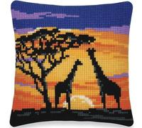 ORLUMY DIY Latch Hook Cushion Kits Giraffe Silhouette Latch Hook Kits Sunset Scenery Latch Hook Kits DIY Throw Pillow Cover Craft Kits Embroidery Kits with Printed Canvas 43x43cm