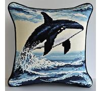 ORLUMY DIY Latch Hook Cushions Cartoon Whale Latch Hook Kits Marine Animals DIY Hooks Knitted Embroidered Carpet Pillow Embroidery Latch Hook Carpet Kit 43x43cm