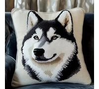 ORLUMY DIY Latch Hook Cushions Husky Dog Animal Latch Hook Kits Cartoon Dog 3D Pillow Materials Package Cover Latch Hook Kits Cushion Embroidery Set Craft Home Decoration 43x43cm
