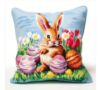 ORLUMY DIY Latch Hook Kits Pillow Bunny and Easter Eggs Latch Hook Kits Fantasy Animals Pillow Case Embroidery Carpet Set Needlework Crocheting Cushion Embroidery Set 43x43cm