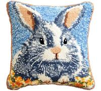 ORLUMY Latch Hook Cushion Kits for Adults Gray Rabbit Latch Hook DIY Crochet Yarn Kits Embroidery Kits Unfinished Cushion Cover Pillowcase 17X17In