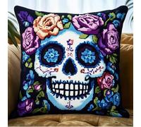 ORLUMY Latch Hook Cushion Kits for Adults Sugar Skull Latch Hook Kit Hanging Needlework Pillow Cover Latch Hook Carpet Kit 17X17 Inch