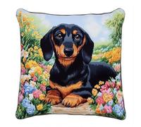 ORLUMY Latch Hook Kits Dachshund Floral Path Latch Hook Cushion Kits DIY Cross Stitch Sofa Cushion Cover with Latch Hook Tool Fit for Teenager and Adults Latch Hook Cushion Cover Kit 43X43Cm