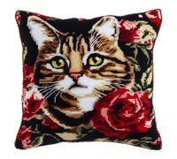 ORLUMY Pillow Case Embroidery Carpet Set Needlework Cat Rose Latch Hook Kit Hanging Needlework Pillow Cover Latch Hook Carpet Kit 17X17 Inch