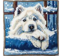 ORLUMY Samoyed Dog Animal Latch Hook Kits Dog by The Window DIY Latch Hook Kits Yarn Kits Pillow Rug Pattern Arts and Crafts Crochet Needlework 43x43cm