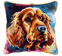ORLUMY Spaniel Animal Latch Hook Kits Colored Dog 3D Pillow Materials Package Cover Latch Hook Kits Cushion Embroidery Set Craft Home Decoration 43x43cm