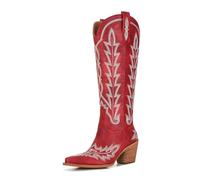 Orlynx Cowboy Boots For Women - Western Knee High Cowgirl Boots with Snip Toe, 3" Wood Grain Block Heel, Slip-On & Side Zipper | Classic Western Embroidered Design, Deep Red, 8 UK