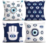 ORMAN Blue Evil Eye Pillow Covers 18x18 Inch Boho Decor Set of 4 | Adds A Bohemian Touch To Sofas, Beds And Relaxed Home Spaces