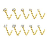 Ormromra 10PCS Gold Nose Rings, Gold L Shaped Nose Rings, Stainless Steel Nose Piercing Kit, Small Crystal Nose Stud Pin, Round Diamond Nose Studs, Nose Piercing Jewelry for Women