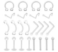 Ormromra 24PCS Piercing Retainer Set, Clear Nose Stud, Flexible Plastic Earrings, Invisible Septum Piercing Jewelry, Clear Labret for Surgery, Nipple Belly Bars, Tragus Eyebrow Hoops for Work
