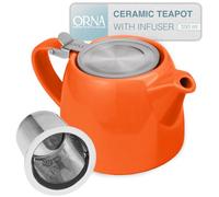 ORNA Ceramic Loose Leaf Teapot with Infuser Strainer and Lid - Small Porcelain Tea Pot Brewer for One or 2 Person - 550ml / 18.6 Oz - Orange