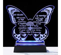 Ornalrist 13.6cm Glass Happy 40th Wedding Anniversary Crystal Butterfly Gifts for Parents, 40 Years of Love Anniversary Keepsake with LED Base Presents for Wife Friends Women Men