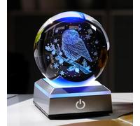 Ornalrist 3.15" Crystal Ball 3D Engraved Owl Figurine Gifts for Women Men Glass Owl Sphere Ornament with Colourful LED Base Ideas on Birthday Christmas for Home Decor