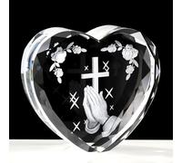 Ornalrist 3D K9 Crystal Heart Engrave Praying Hand Figurine Religious Gifts for Women Men Cross Christian Collectible Paperweight