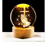 Ornalrist 3D Praying Hands Crystal Ball, Christian, Religious Gifts for Women Friend Mom - 2.36'' Sphere Engraved 3D Hand Holding A Cross Figurine Decor with Wooden LED Light Base - Gift Boxed