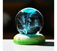 Ornalrist 60mm Crystal Ball Engraved with 3D Cat and Lily of the Valley Figurine with LED Colorful Base, Glass Cat Sphere Collectible Ornament Gifts for Women Cat Lovers