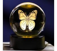 Ornalrist 6cm Crystal Ball Engraved 3D Cute Butterfly Figurine Paperweight with LED Light Base, Butterfly Themed Ornament Gifts for Women Friends for Birthday Christmas