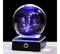 Ornalrist 8cm Crystal Ball Engraved 3D Cat and Lily of the Valley Gifts for Women Cat Lovers Glass Cat Lamp with LED Light Base Lily Ornament for Home Decor Christmas Birthday