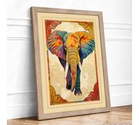 Ornamental Elephant Facing Eclectic Framed Wall Art Print A3 (42×29.7cm) Oak, Wall Decor for Living Room, Bedroom, Office & Home, Ready to Hang, Art Gift