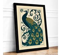 Ornamental Peacock Art Deco Framed Wall Art Print A2 (59.4×42cm) Black, Wall Decor for Living Room, Bedroom, Office & Home, Ready to Hang, Art Gift