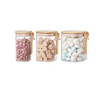 ORNAMI Airtight Glass Pantry Storage Canister Jar with Bamboo Lid & Spoon | BPA-Free, Clear Kitchen Organisation Jar - Set of 3 (Mixed Sizes, Square)