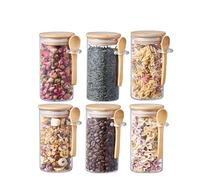ORNAMI Airtight Glass Pantry Storage Canister Jar with Bamboo Lid & Spoon | BPA-Free, Clear Kitchen Organisation Jar (Set of 6, 0.3L Round)
