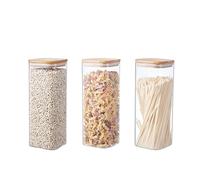 ORNAMI Airtight Glass Pantry Storage Canister with Bamboo Lid | BPA-Free, Clear Kitchen Storage Jar | Square shaped (3, 2L)