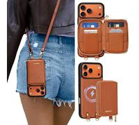 ORNARTO Wallet Crossbody Purse Case with Wrist Strap for iPhone 17 Pro Max-Brown