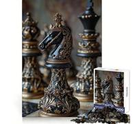 Ornate Black Knight Chess Piece Jigsaw 1000 Pieces for Adults Cognitive Toy Bonding Time Pattern Assembly Santa Wish Item (38x26cm)