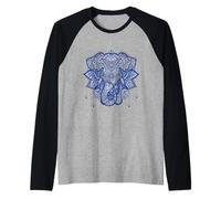 Ornate Blue, Elephant Mandala Floral Tribal Graphic Raglan Baseball Tee