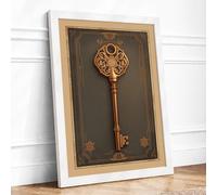 Ornate Bronze Key Vintage Framed Wall Art Print A4 (29.7×21cm) White, Wall Decor for Living Room, Bedroom, Office & Home, Ready to Hang, Art Gift