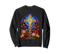 Ornate Catholic Cross Rosary Roses Sacred Mosaic Artwork Sweatshirt