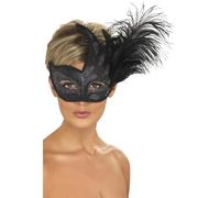 Smiffy's Black Ornate Colombina Flame & Feather Mask - feather mask ornate colombina smiffys flame black