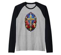 Ornate Cross Rosary Roses Gothic Sacred Mosaic Art Faith Raglan Baseball Tee