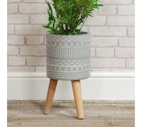 PGONA Country Living Ornate Grey Fibre Clay Planter with Wooden Legs, Wood, Medium