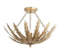 Ornate Gold Flush Ceiling Light - Decorative Leaf Design Dimmable 3 Bulb Pendant