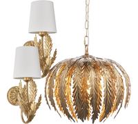 Ornate Gold Leaf Light Set - Ceiling & 2x Wall Light Bundle - Decorative Design