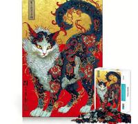 Ornate Japanese Cat Art Adults 1000 Piece Jigsaw Puzzle Brain Challenge Toy Stress Relief Clear Cut Wall Art Decor (50x75cm)