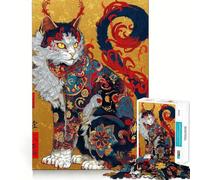 Ornate Japanese Cat Illustration Hard Jigsaw Puzzle for Adults 1000 Pieces Smart Game Home Enjoy Image Assembly Festive Gift (38x52cm)